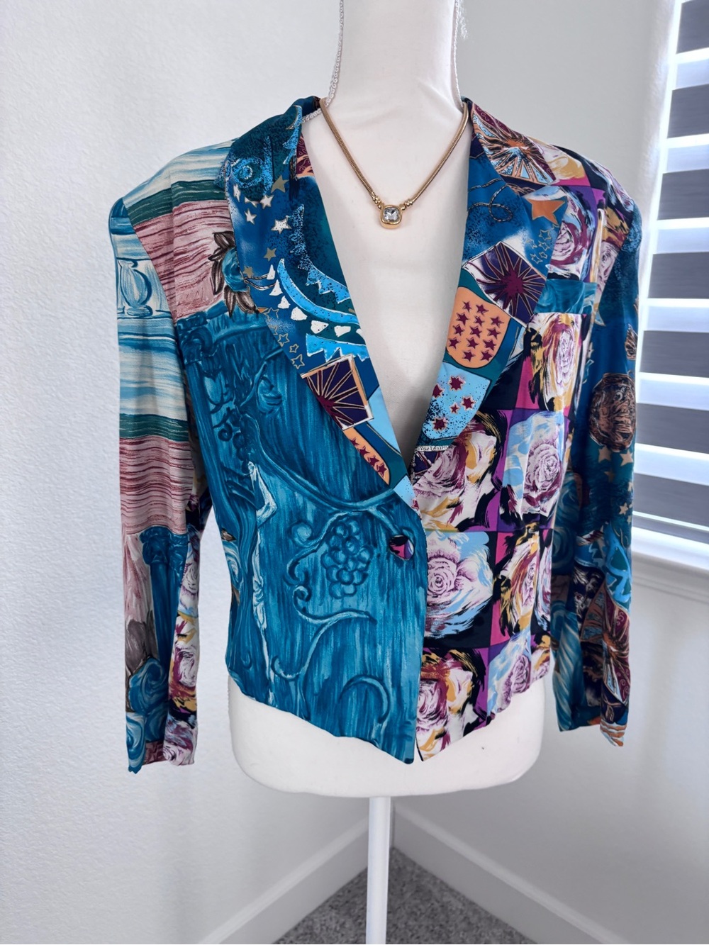 Vintage Teal Multi-Pattern Cropped Blazer